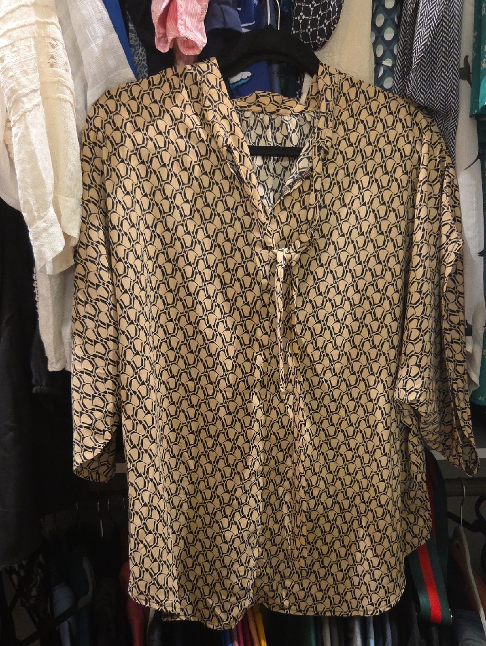 Tie-Neck Geo Print Blouse in Beige and Black